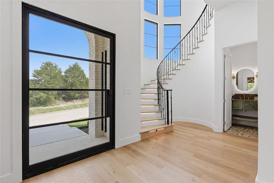 Grand entry featuring a full-light iron and glass door, a sweeping curved staircase with iron balusters, and light wood-finish flooring