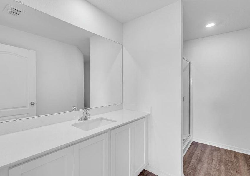 The master bathroom has an expansive vanity, showers and bathtub