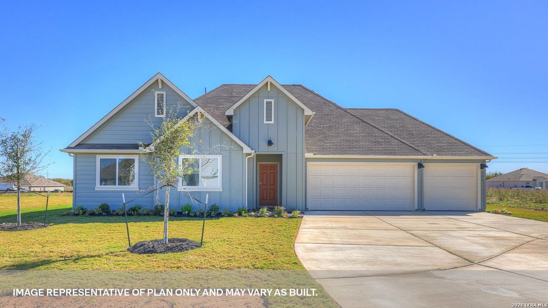 Front exterior of a new home in Hartland Ranch, Lockhart, TX, highlighting curb appeal (Image 1). Front exterior of a new home in Hartland Ranch, Lockhart, TX, highlighting curb appeal (Image 1).