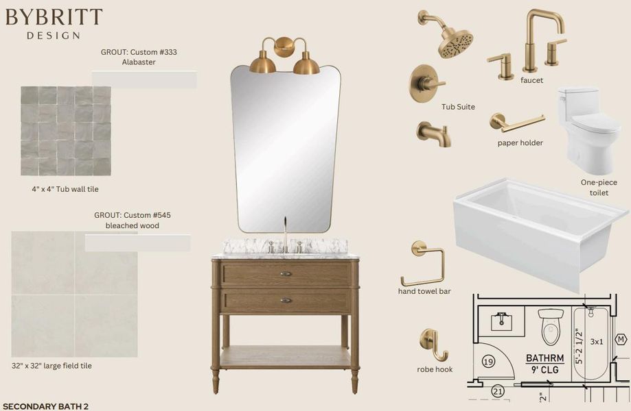 A well-appointed bathroom design showcasing a freestanding vanity with a marble top, complemented by a sleek mirror and modern gold fixtures.