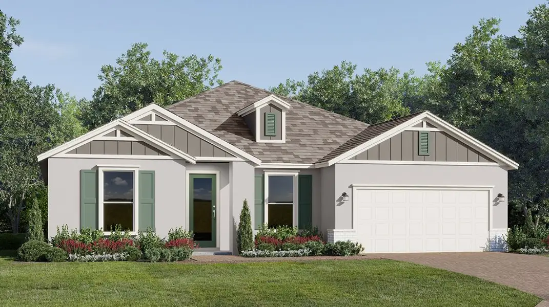 Front exterior of a new home in Bridgewalk, St. Cloud, FL, highlighting curb appeal (Image 1). Front exterior of a new home in Bridgewalk, St. Cloud, FL, highlighting curb appeal (Image 1).