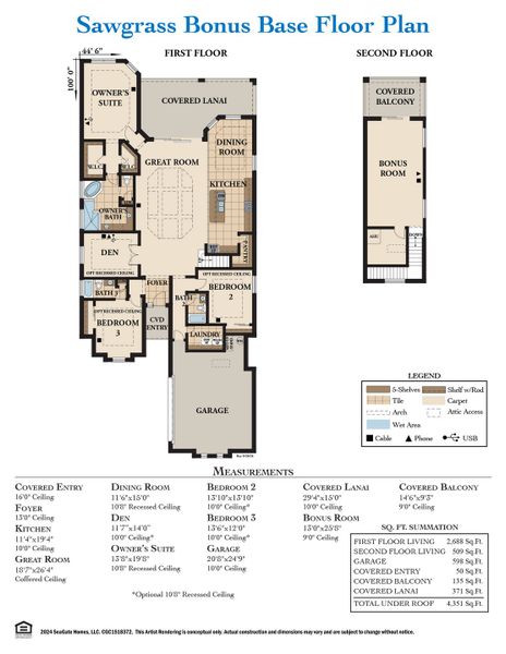 2D floor plan layout for the Sawgrass Bonus by SeaGate Homes in Palm Coast Plantation, Palm Coast, FL (Image 5).