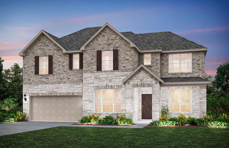 The Oak Grove, a two-story home with 2-car garage, shown as Home Exterior D