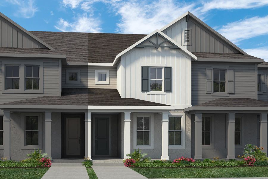 Representative exterior photo of a completed home built from the Edison by Rockwell Homes in Harvest at Ovation - Townhomes, Winter Garden, FL (Image 37). Representative exterior photo of a completed home built from the Edison by Rockwell Homes in Harvest at Ovation - Townhomes, Winter Garden, FL (Image 37).