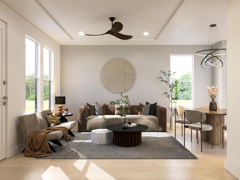 This is a bright, modern living space featuring large windows for natural light, neutral color tones, contemporary furniture, and an open-plan layout that connects to a dining area. It has stylish light fixtures and a cozy ambiance.