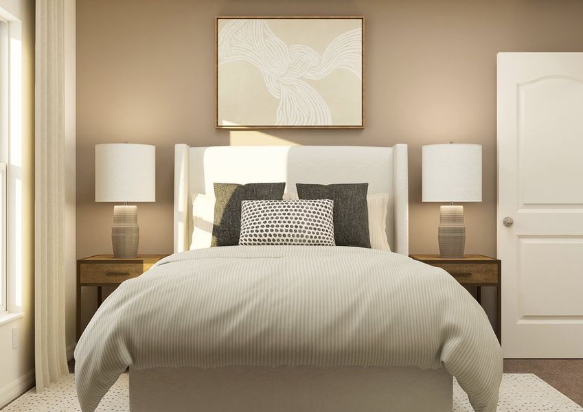 Rendering of a bedroom with a bed and two nightstands.