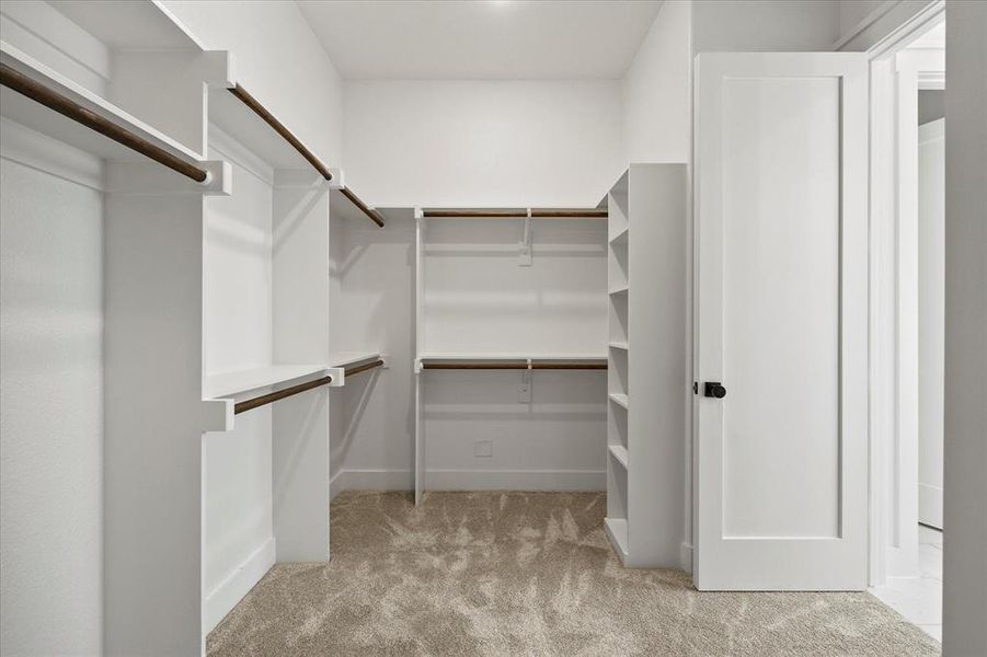 Walk in closet with light carpet