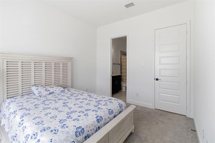 Bedroom featuring light gray carpeting, crisp white walls, a modern five-panel interior door with black hardware, and an en-suite bathroom with a dark wood-finish vanity