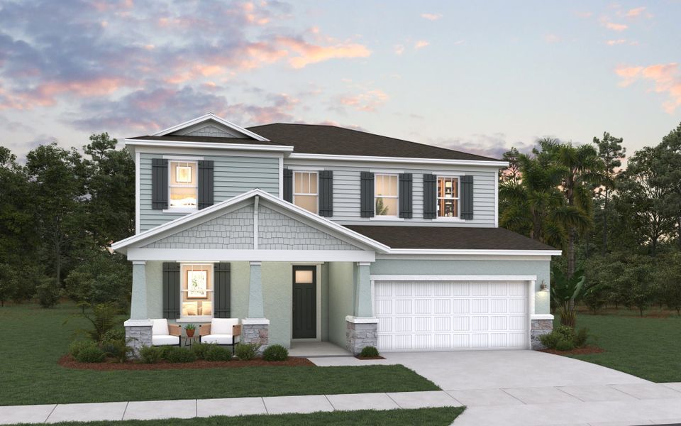 Front exterior of a new home in The Palms at Waterford Lakes, Orlando, FL, highlighting curb appeal (Image 1). Front exterior of a new home in The Palms at Waterford Lakes, Orlando, FL, highlighting curb appeal (Image 1).