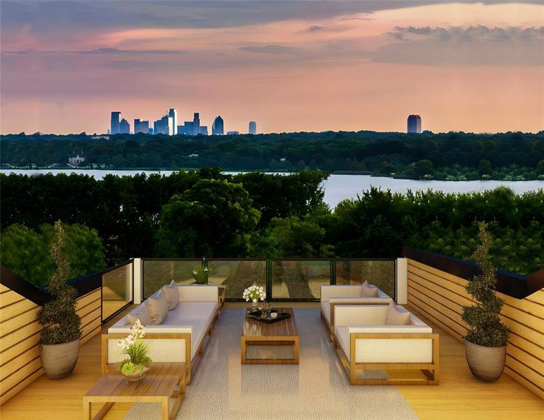 Patio terrace at dusk with a water view and outdoor lounge area