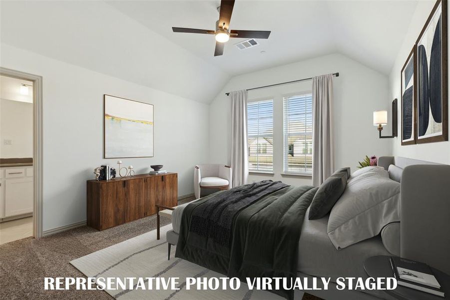 This dreamy, light filled owner's bedroom is the perfect place to relax after a long day.  REPRESENTATIVE PHOTO VIRTUALLY STAGED