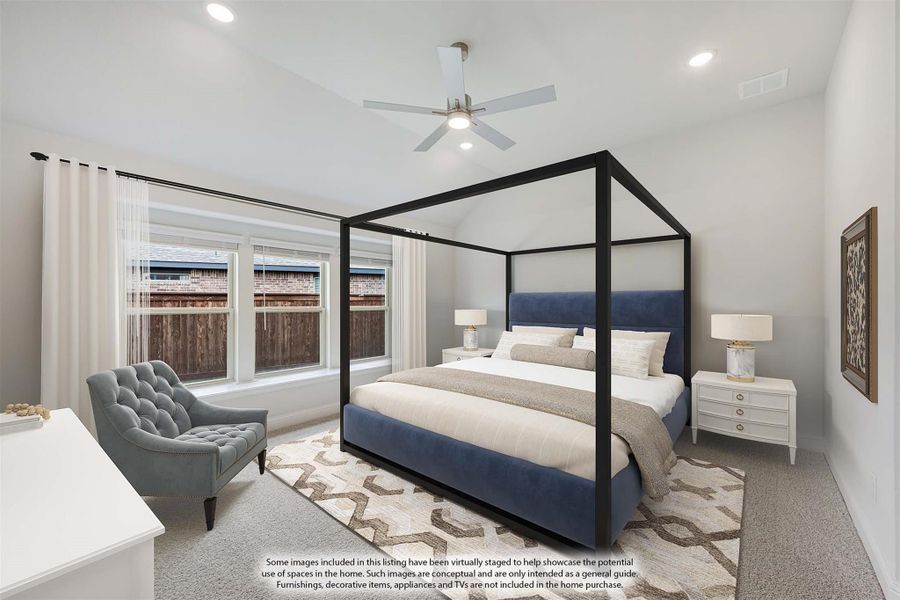 Bedroom with four-poster bed, vaulted ceiling, ceiling fan, and large windows with natural light Bedroom with four-poster bed, vaulted ceiling, ceiling fan, and large windows with natural light