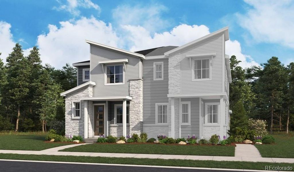 Front exterior of a new home in Urban Collection at The Aurora Highlands, Aurora, CO, highlighting curb appeal (Image 1). Front exterior of a new home in Urban Collection at The Aurora Highlands, Aurora, CO, highlighting curb appeal (Image 1).