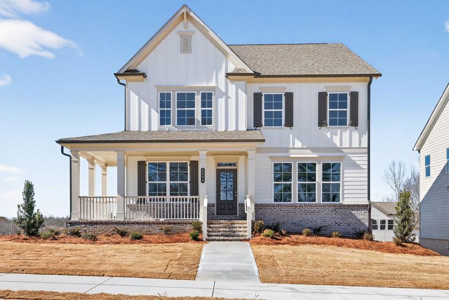 Front exterior of a new home in Hemingway, Flowery Branch, GA, highlighting curb appeal (Image 23). Front exterior of a new home in Hemingway, Flowery Branch, GA, highlighting curb appeal (Image 23).
