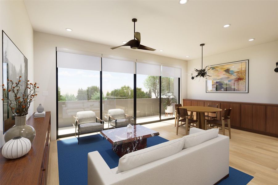 Living room with light wood finished floors, recessed lighting, a ceiling fan, and wainscoting
