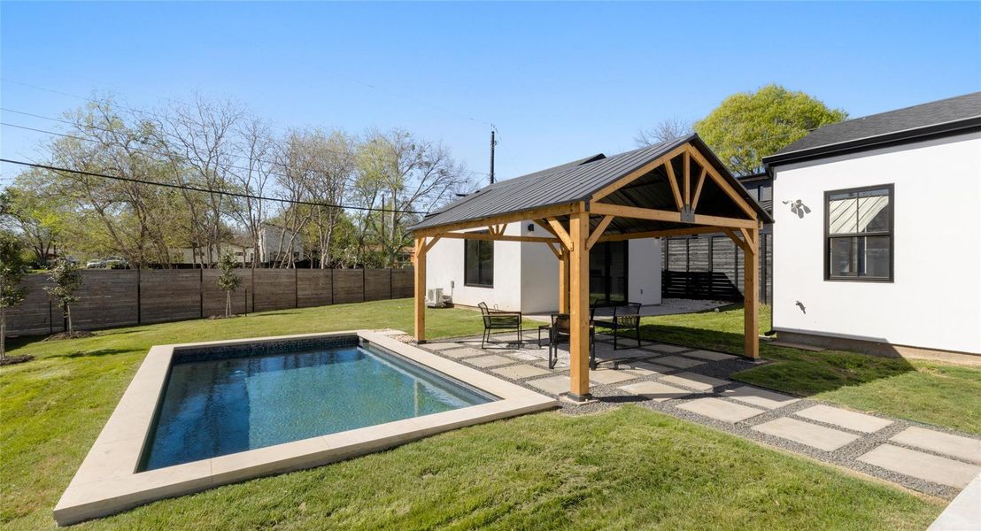 View of pool featuring patio surround and a fenced backyard