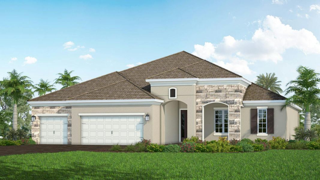 Front exterior of a new home in Boca Royale Golf & Country Club Real Estate and Homes for Sale in Englewood, FL - Neal Communities, Englewood, FL, highlighting curb appeal (Image 2).