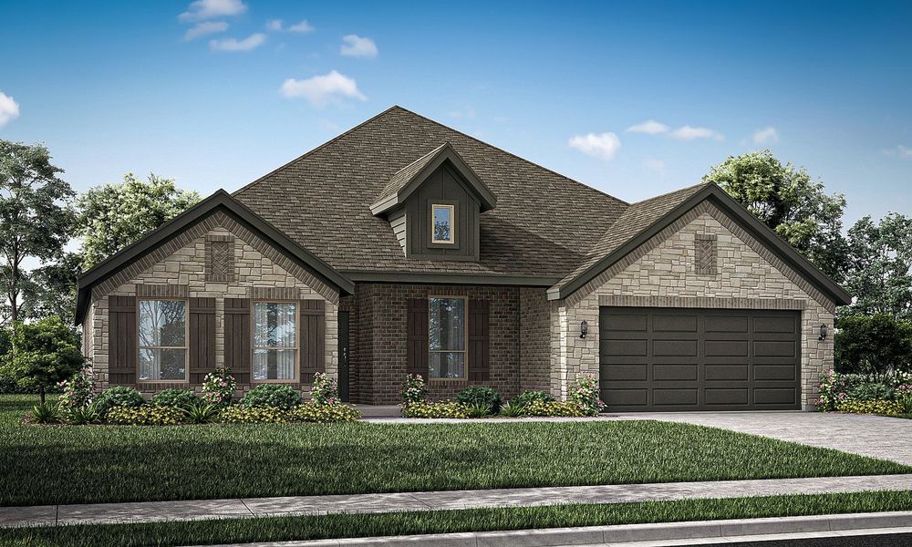 Representative exterior photo of a completed home built from the Hampton II by Impression Homes in Mountain Valley Lake, Burleson, TX (Image 11). Representative exterior photo of a completed home built from the Hampton II by Impression Homes in Mountain Valley Lake, Burleson, TX (Image 11).