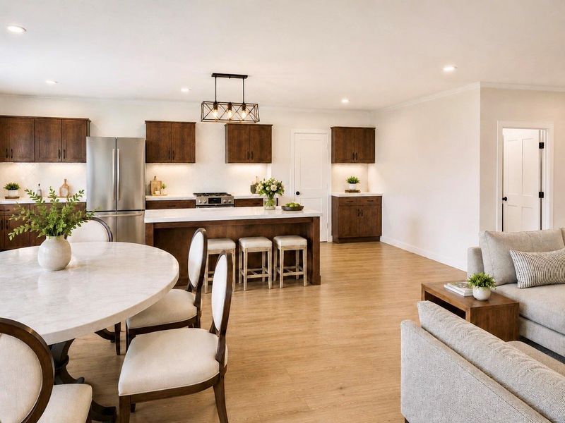 The planned open-concept kitchen, dining, and living area at 6671 Nielan St is designed with a bright, modern layout that connects the main living spaces. * Photo rendering shown as home is currently under construction | Final appearance may vary * The planned open-concept kitchen, dining, and living area at 6671 Nielan St is designed with a bright, modern layout that connects the main living spaces. * Photo rendering shown as home is currently under construction | Final appearance may vary *