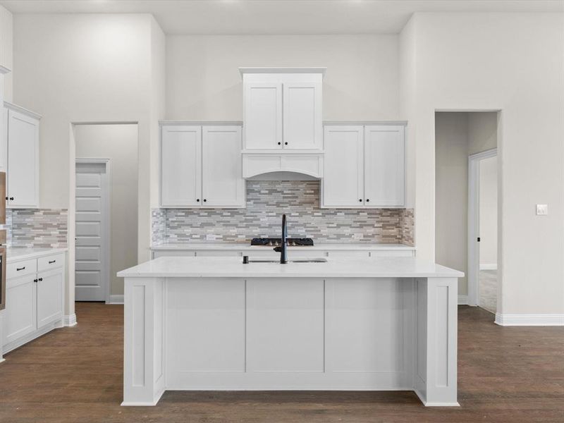 Kitchen featuring white cabinetry, light stone countertops, tasteful backsplash, a kitchen island with sink, and dark wood-style flooring