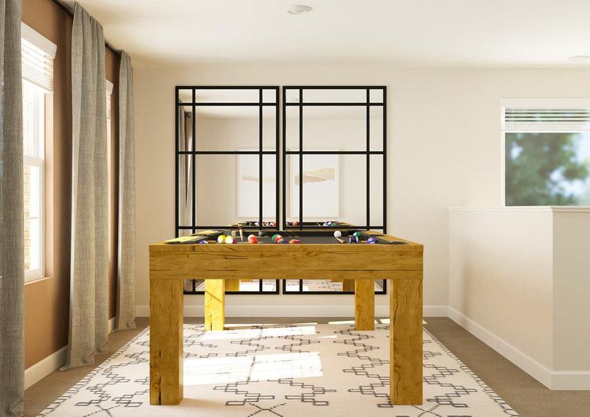 Rendering of game room with a  pool table and two large mirrors on the wall.