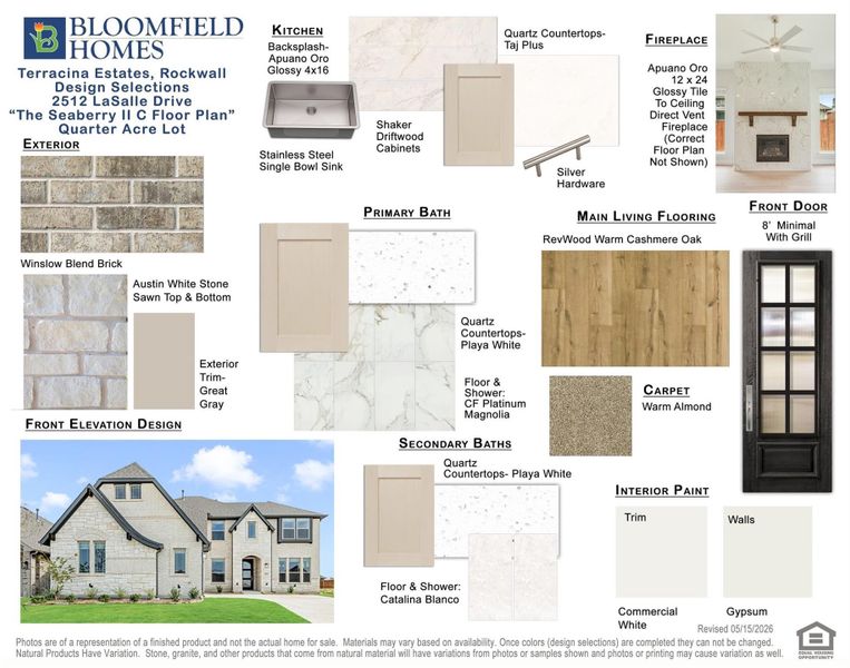 Bloomfield Homes design selections board for Seaberry II C floor plan showing exterior, kitchen, bath, flooring, and paint material samples. Bloomfield Homes design selections board for Seaberry II C floor plan showing exterior, kitchen, bath, flooring, and paint material samples.