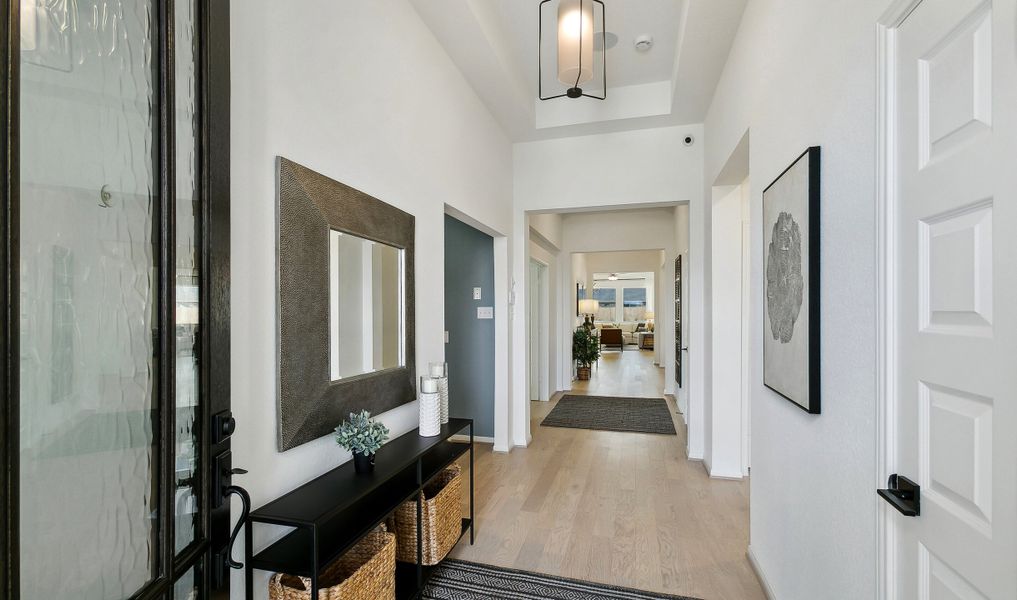 Welcoming foyer with trey ceiling