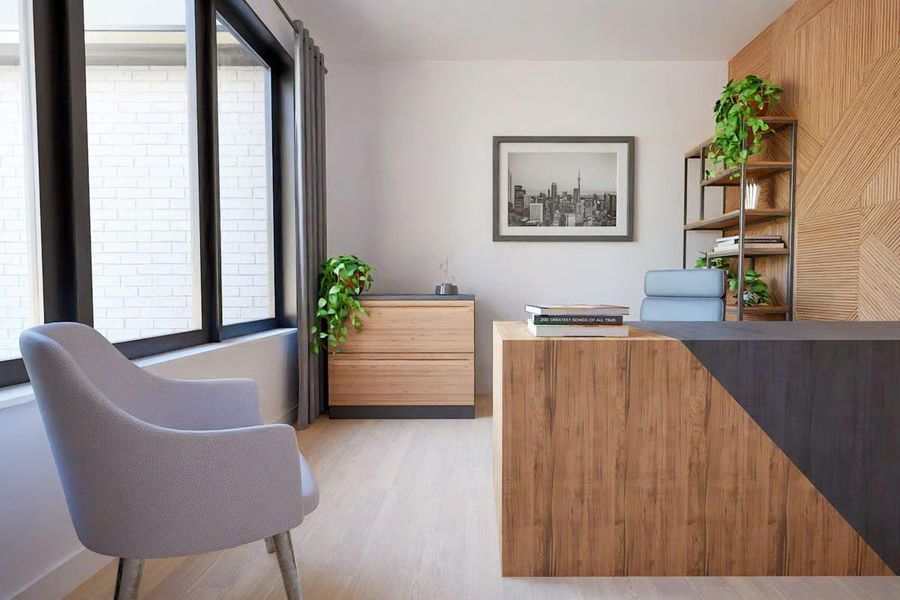Custom-milled wood accent wall adds contemporary texture and style to the office space. Custom-milled wood accent wall adds contemporary texture and style to the office space.