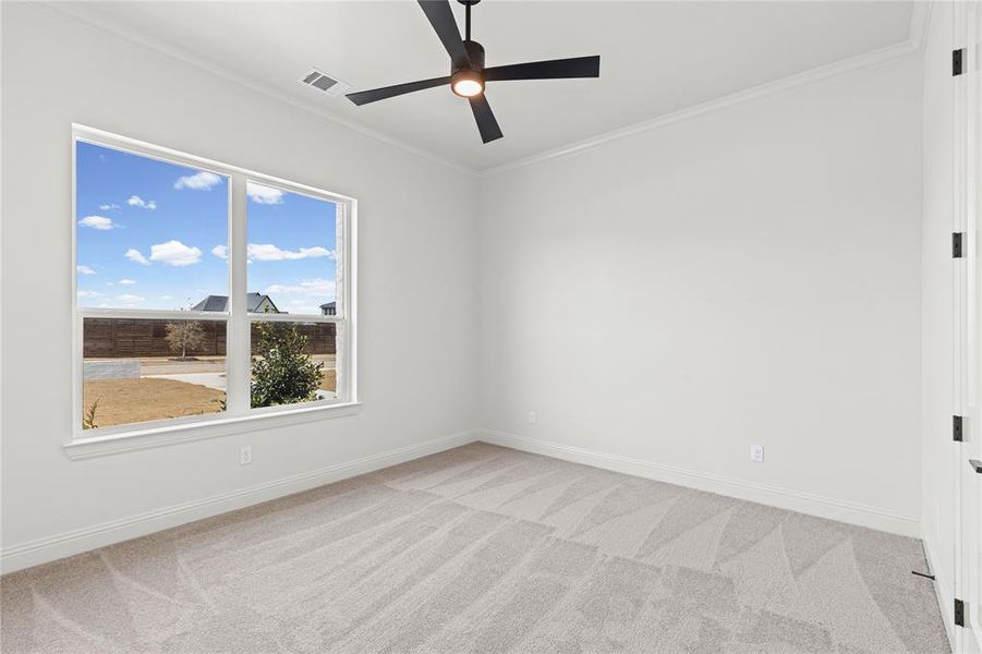 Unfurnished room with crown molding, ceiling fan, and light carpet