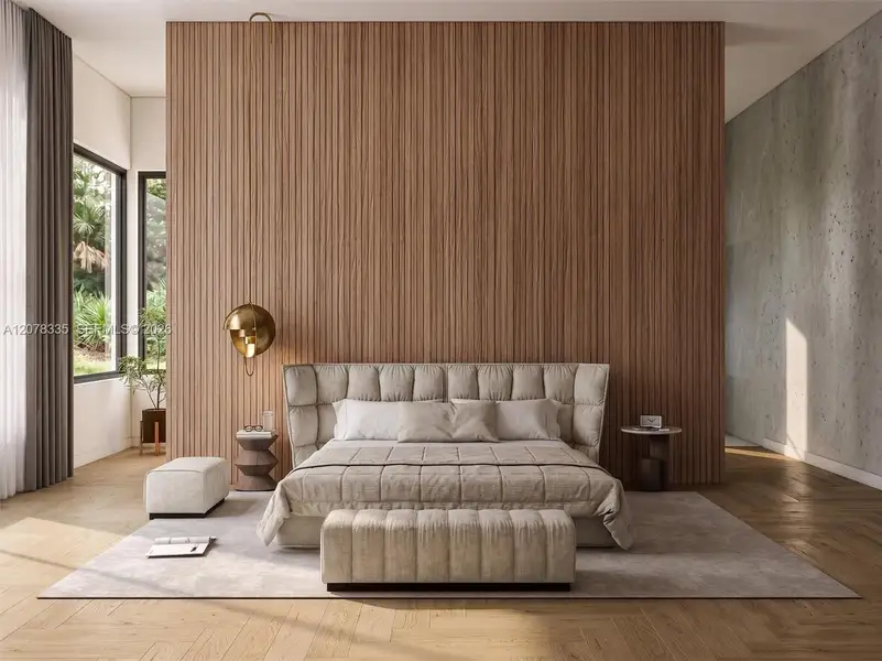 Serene bedroom retreat with wood accent wall, plush bedding, and abundant natural light.