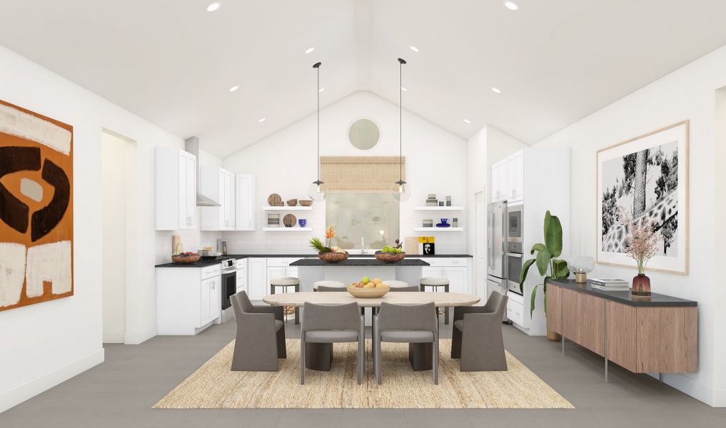 Dining area with vaulted ceiling adjacent to kitchen