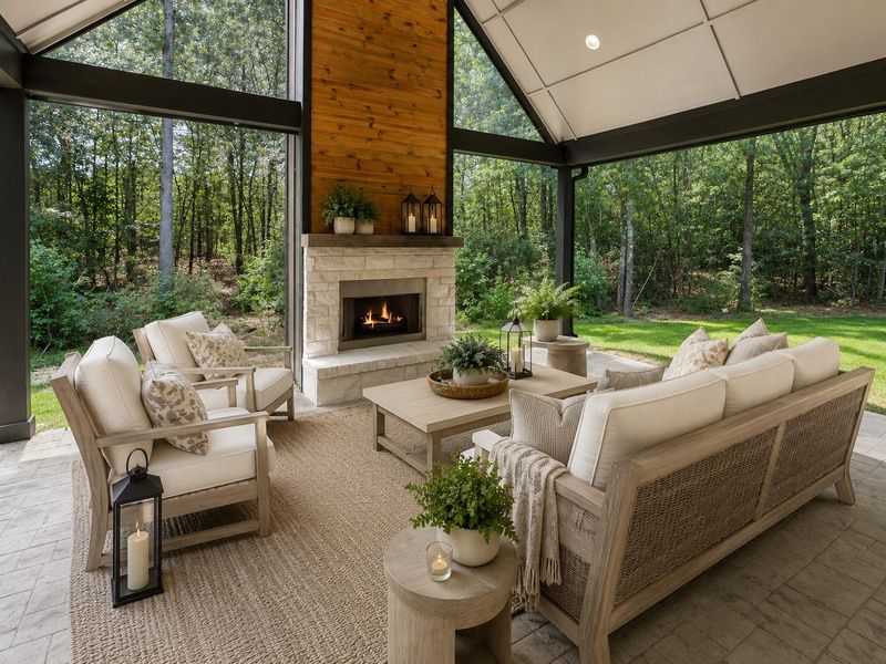 This spacious covered patio features a high vaulted ceiling with recessed lighting and a ceiling fan, creating an inviting outdoor space. It includes a modern fireplace and offers a serene view of the surrounding wooded area, perfect for relaxation or entertaining.