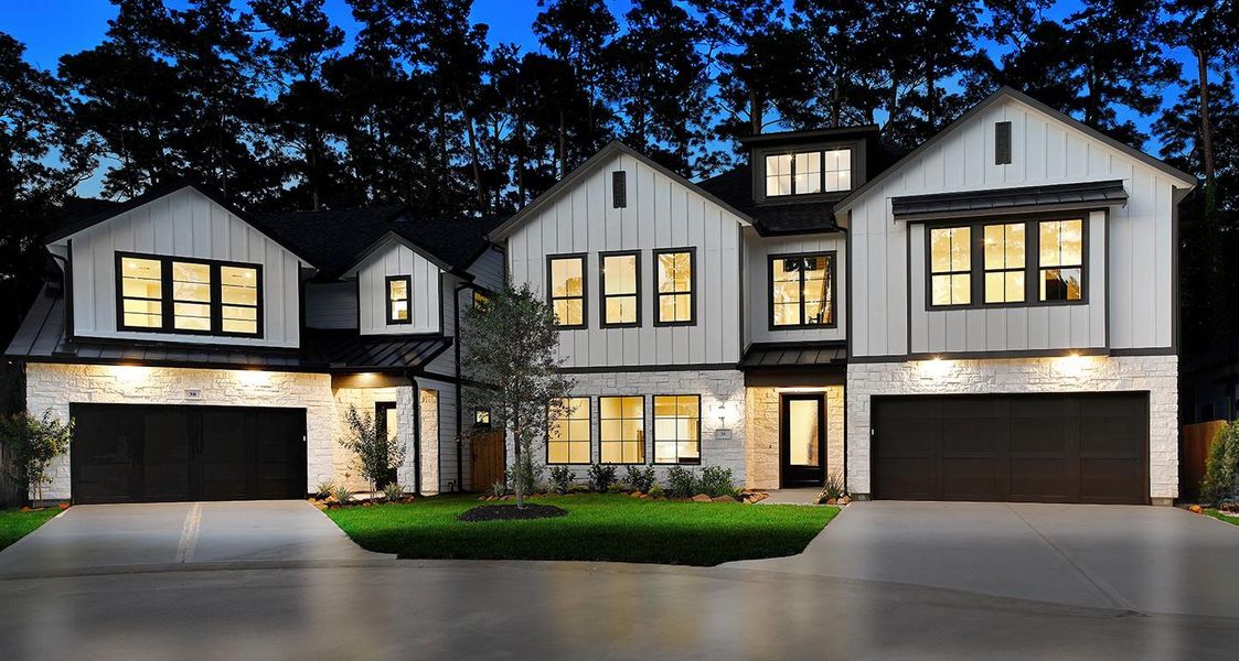 Front exterior of a new home in , The Woodlands, TX, highlighting curb appeal (Image 2). Front exterior of a new home in , The Woodlands, TX, highlighting curb appeal (Image 2).