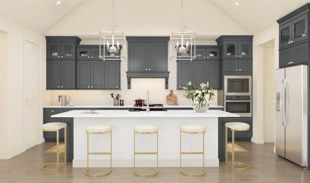 Gorgeous island kitchen with grey stacked cabinets and quartz counters (*Artist rendering used for illustration purposes only.)