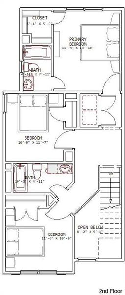 This floor plan shows the second floor of a home with three bedrooms, including a primary bedroom with an en-suite bath and closet. It features two additional bedrooms, a shared bathroom, and an open area overlooking the lower floor.