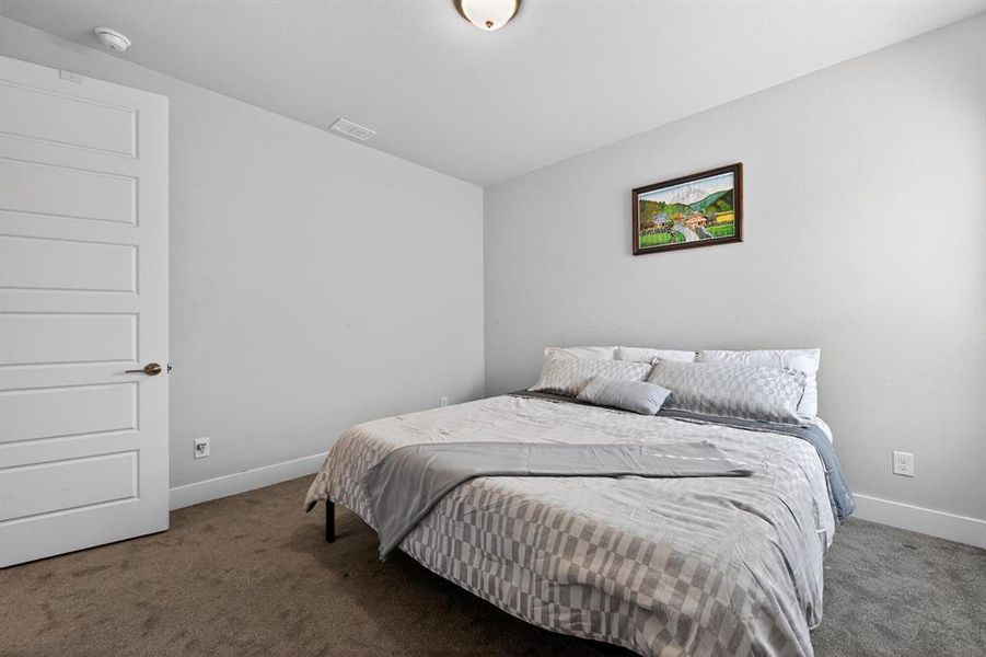 This room features light grey walls, a dark grey carpet, and a white door with horizontal paneling