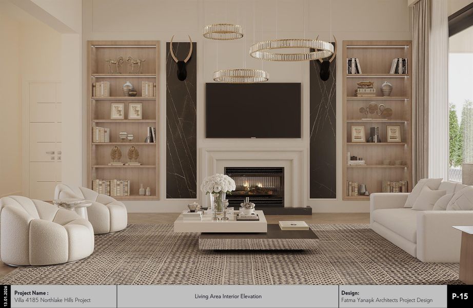 Living room featuring built in features and a glass covered fireplace