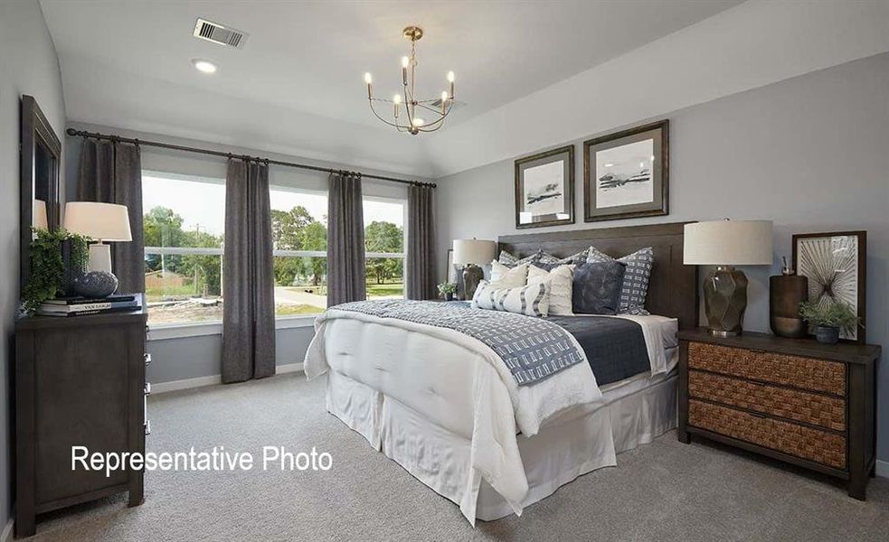 Spacious bedroom featuring light gray walls, plush carpet flooring, a vaulted ceiling, and recessed lighting