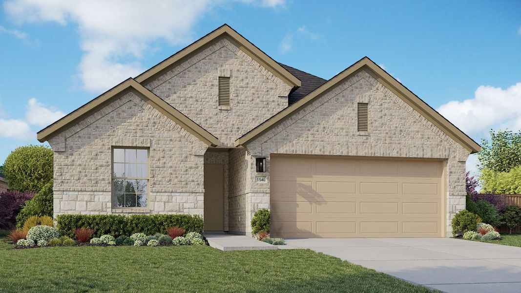 Representative exterior photo of a completed home built from the Bali by DRB Homes in Clear Creek, New Braunfels, TX (Image 4). Representative exterior photo of a completed home built from the Bali by DRB Homes in Clear Creek, New Braunfels, TX (Image 4).