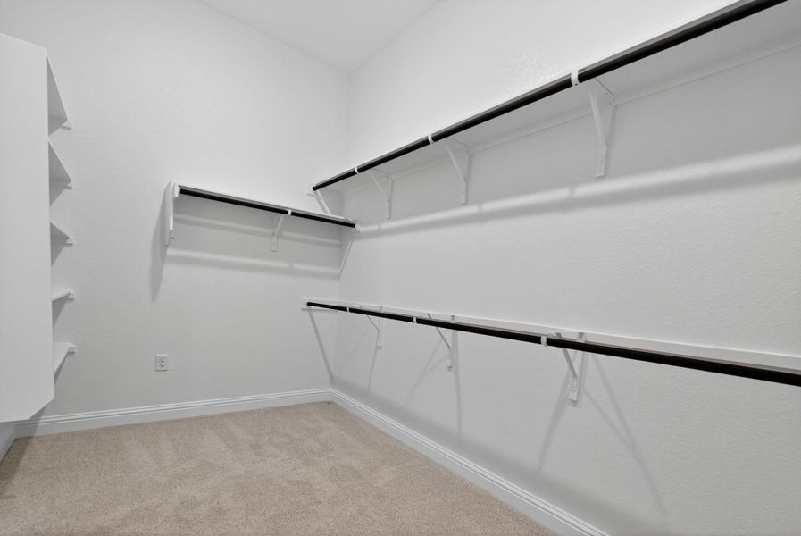 Walk in closet with light colored carpet