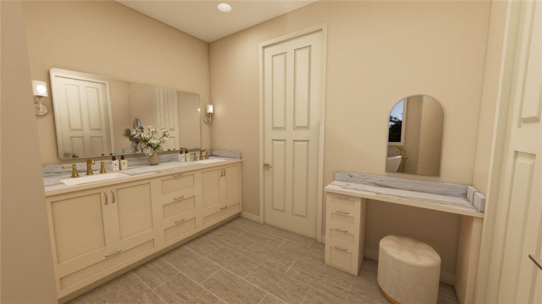 Full bath with double vanity and light tile patterned floors