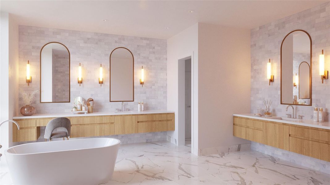 Artist Rendition: Spa-Inspired Primary Bath Featuring a Freestanding Soaking Tub (Optional), Floating Dual Vanities with Dedicated Knee Space, Designer Lighting, and Refined Marble-Style Finishes