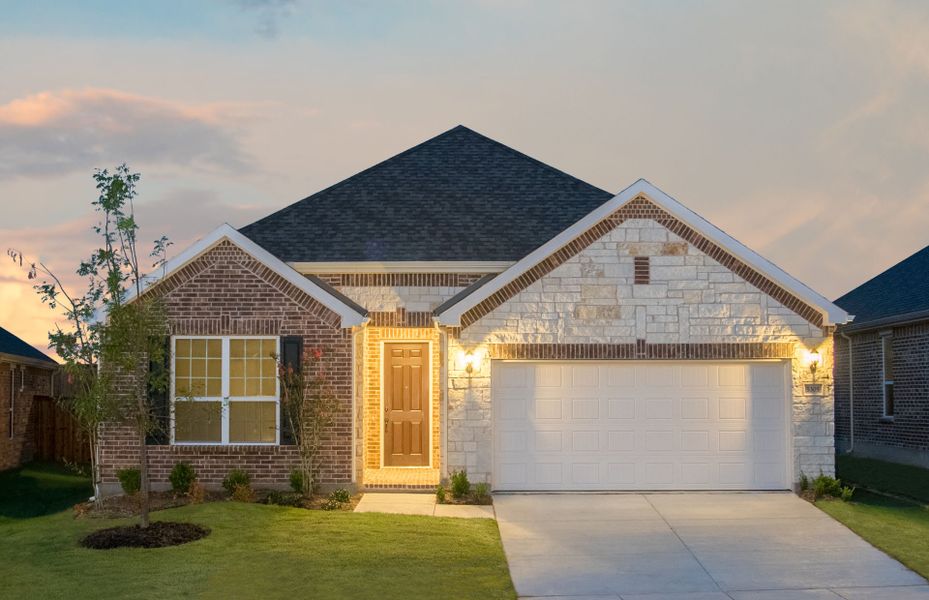 Exterior D with stone and brick, wood shutters, an