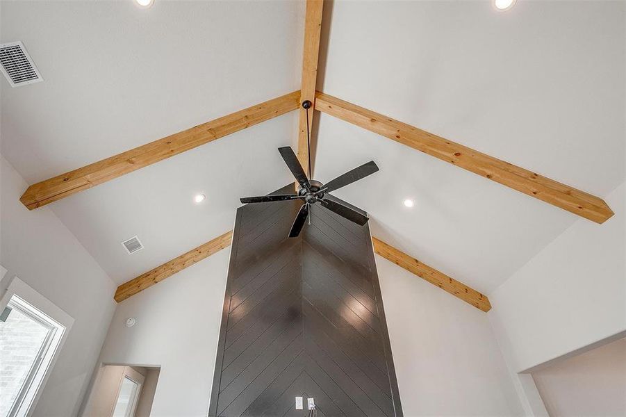 Details featuring beam ceiling and ceiling fan