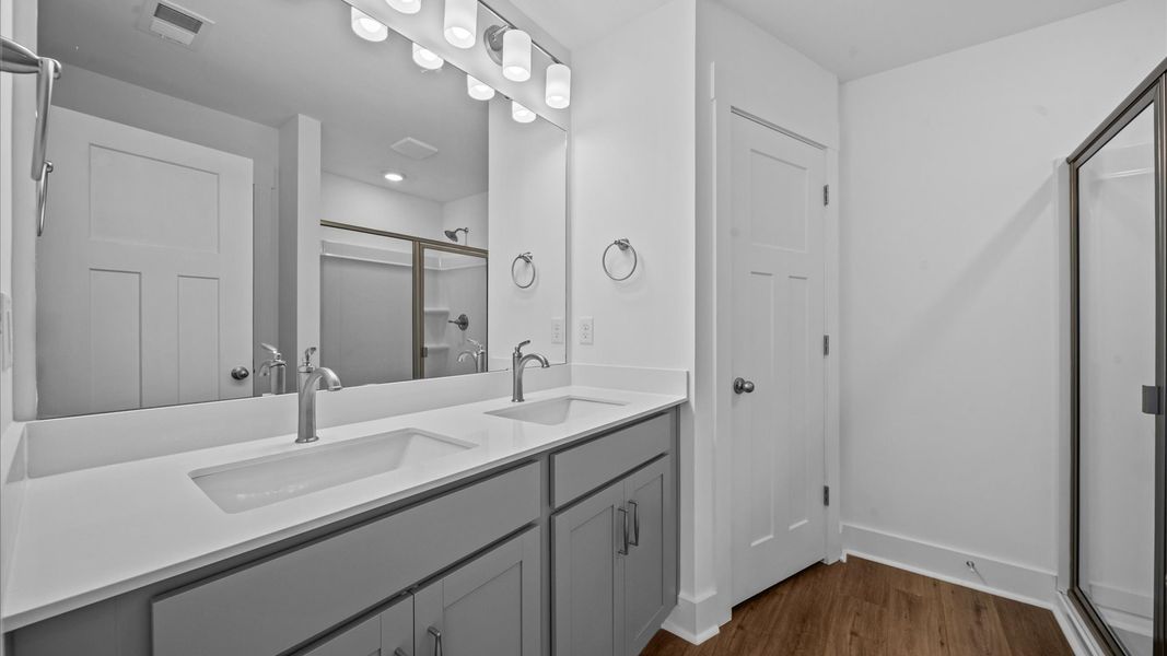 Exceptional en-suite with dual vanity and glass-enclosed walk-in shower for superior everyday comfort in Spartanburg, SC