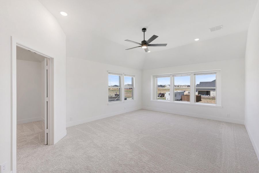 Empty bedroom with carpet, ceiling fan, large windows, and walk-in closet entrance