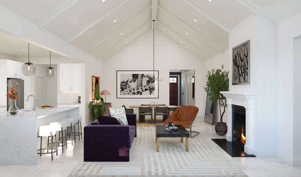 Great room with vaulted ceiling and white painted ceiling beams