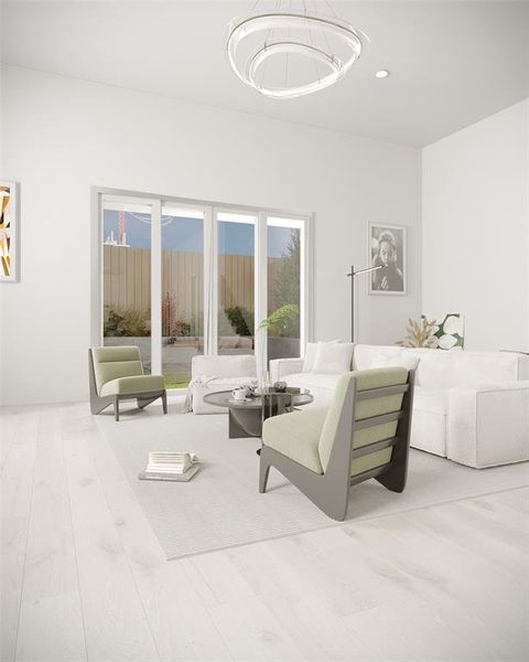 View of Living room facing a gorgeous backyard, step out and breath fresh air. All photos are virtual renderings. Actual finishes and details may vary.