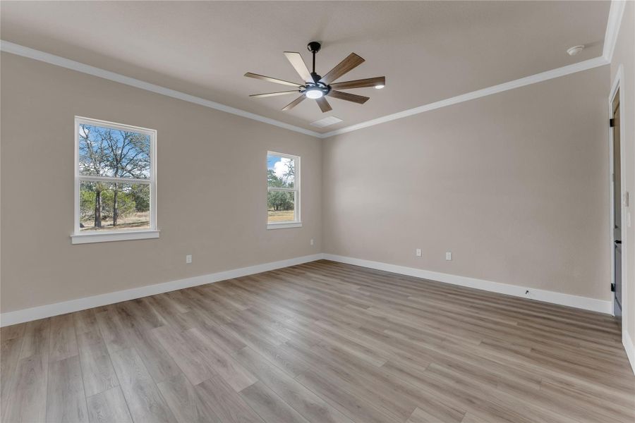 Empty room featuring ornamental molding, a ceiling fan, and light wood-style flooring
