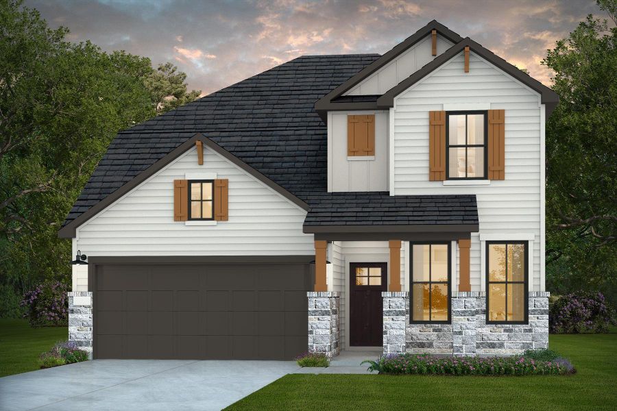 Front exterior of a new home in Valencia, Manvel, TX, highlighting curb appeal (Image 1).